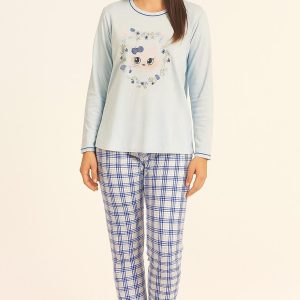 Pijama de Mujer Celeste con Estampado y Pantalón a Cuadros